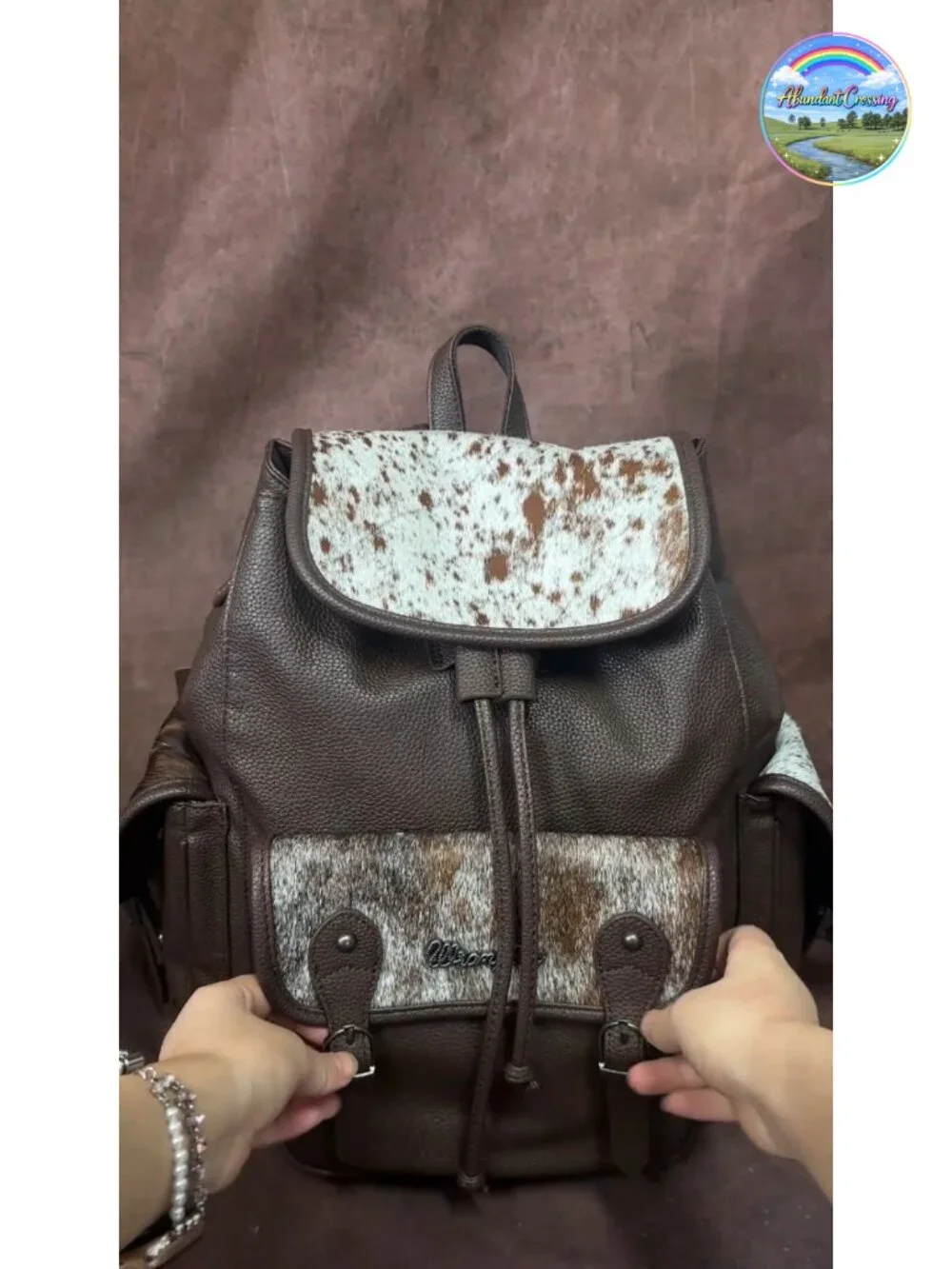 Western Tooled Floral Hair-on Cowhide Travel Backpack with Adjustable Straps